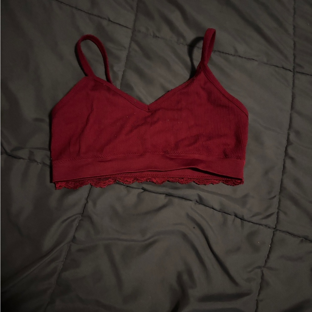 Wireless Ribbed Bralette with Lace Trim - Burgundy